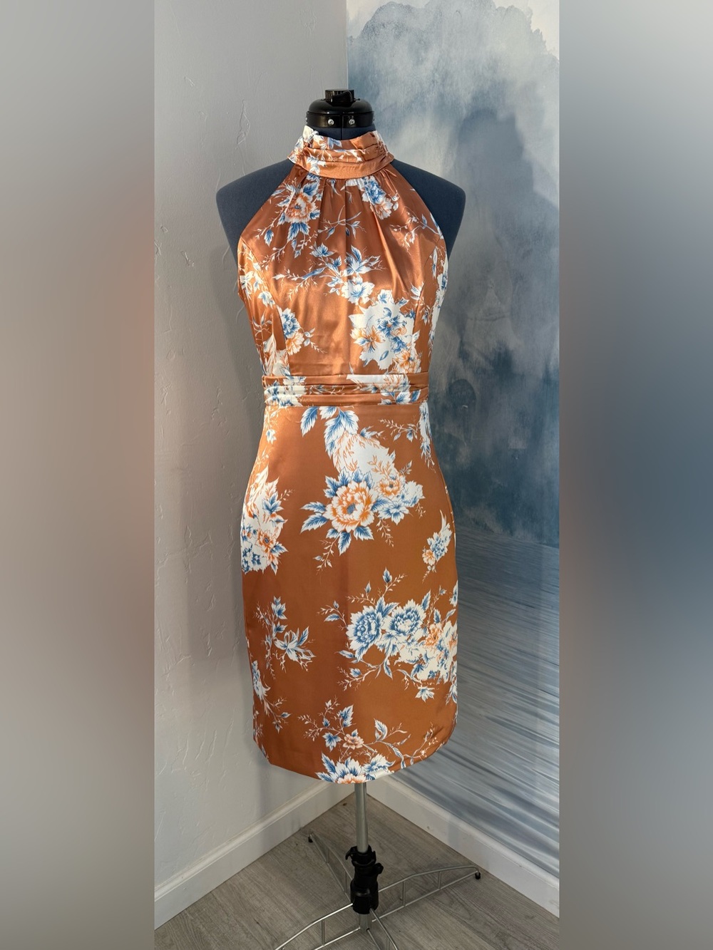 Halter Floral Satin Midi Dress in Rust #395